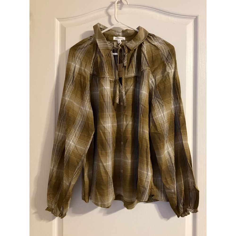 Blu Pepper Plaid Blouse Women Small Olive Green New Tie Neck Ruffle Cuff Top